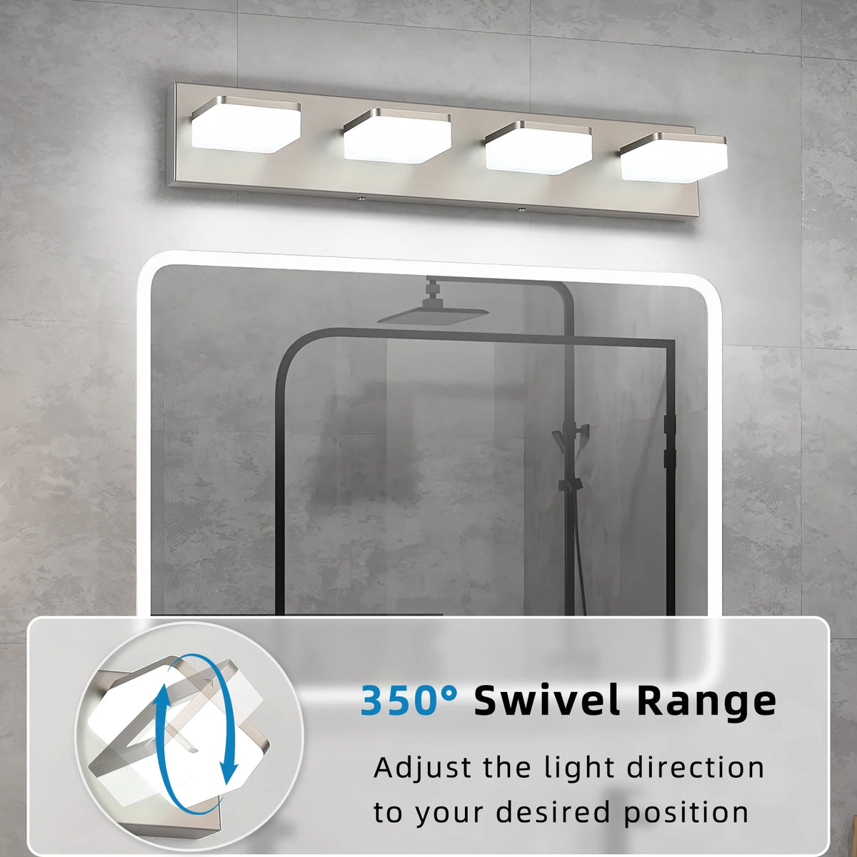 25.59-Inch LED Modern Mirror Headlight, 360° Rotating Art Light, Acrylic + Metal, Dimmable Bathroom Vanity Light