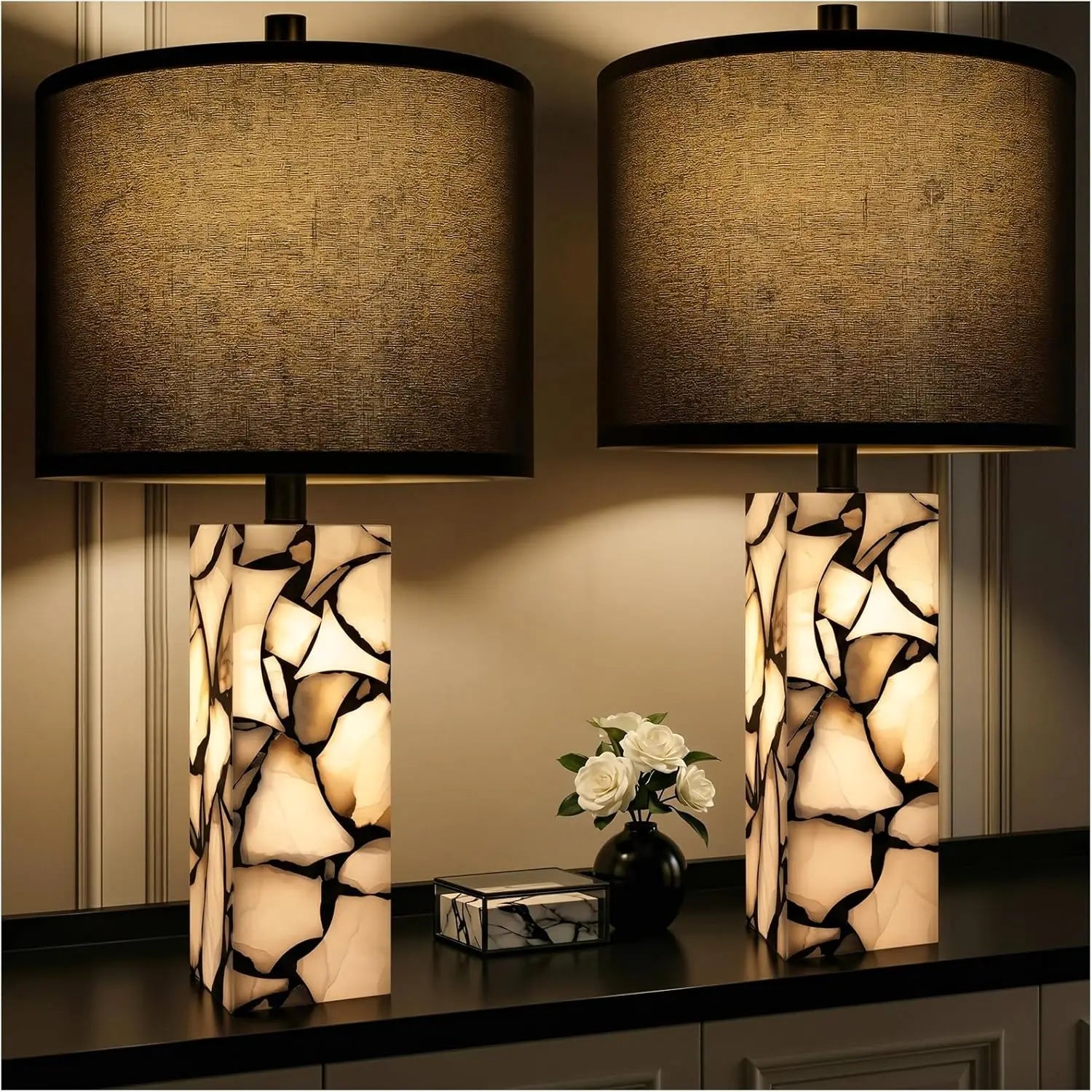 Modern Black Table Lamp Set of 2 with Night Light, Rotary Switch, Linen Shade for Living Room Bedroom Office (Bulb Included)