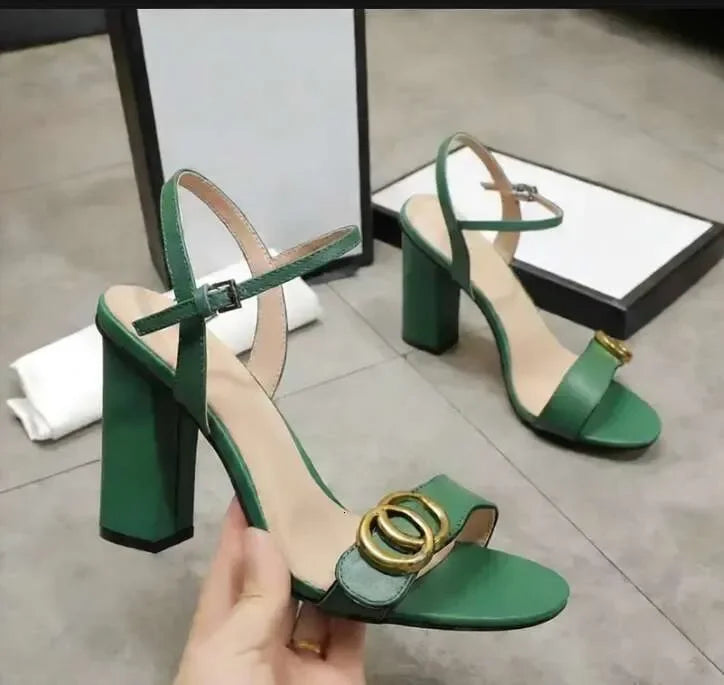 Designer Sandals Luxury Leather Party Fashion Metal Double Button High Heels Summer Sexy Open toed Women Thick Heel Dress shoe