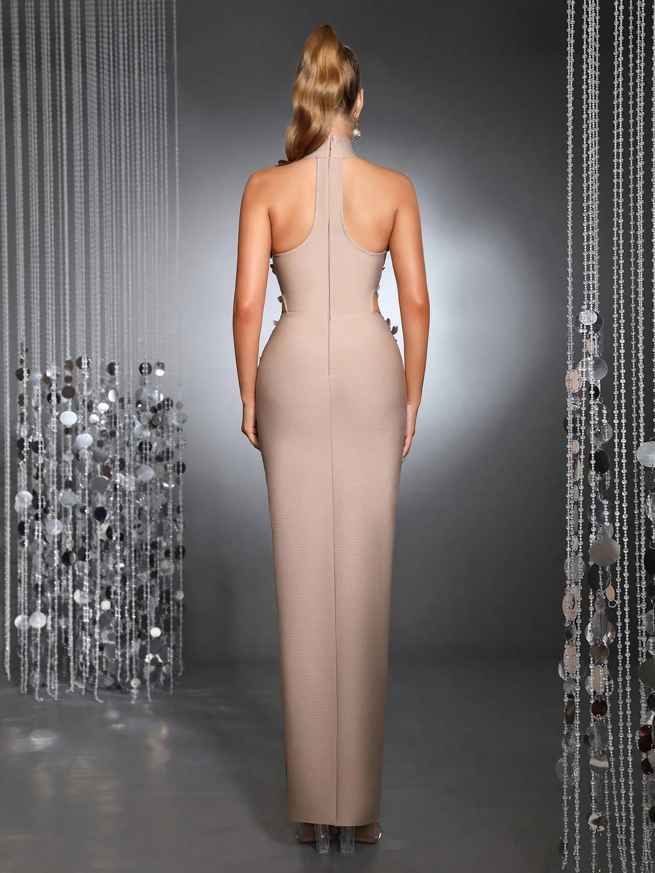Elegant 3D Floral Halter Sleeveless High Slit Bandage Maxi Dress For Evening Party Wedding