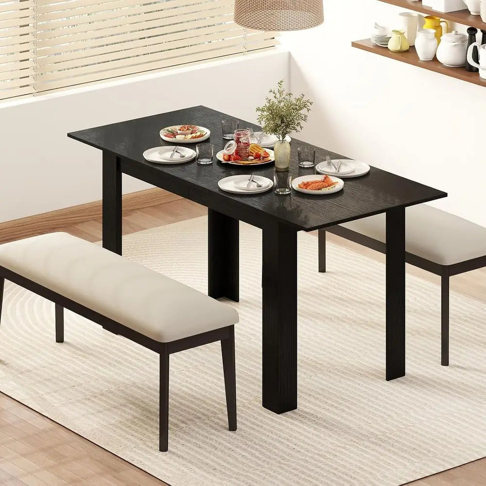 47-62 Inch Extendable Dining Table with L-Shaped Legs for Kitchen & Dining Rooms - Black