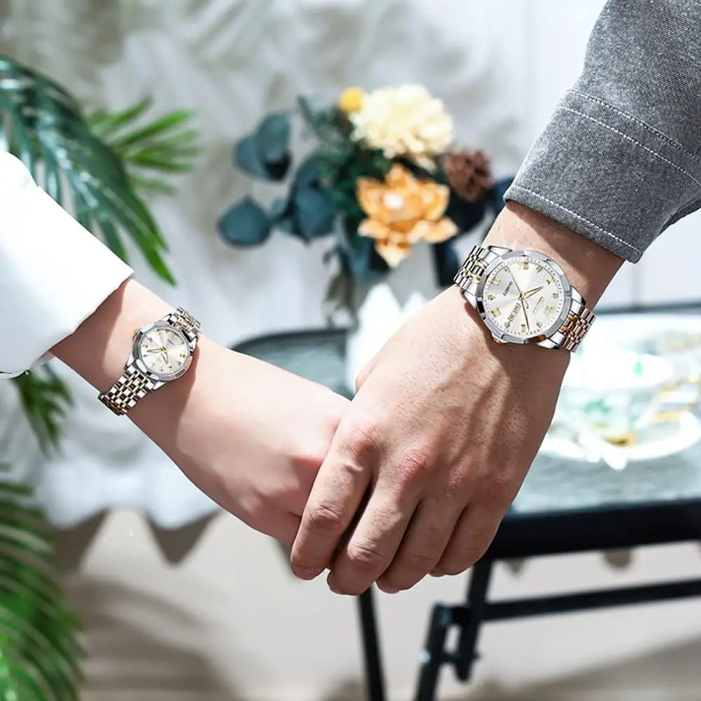 Valentine's Couple Watches Set, Luminous Calendar Date, 3ATM Waterproof Stainless Steel for Men and Women Romantic Gifts