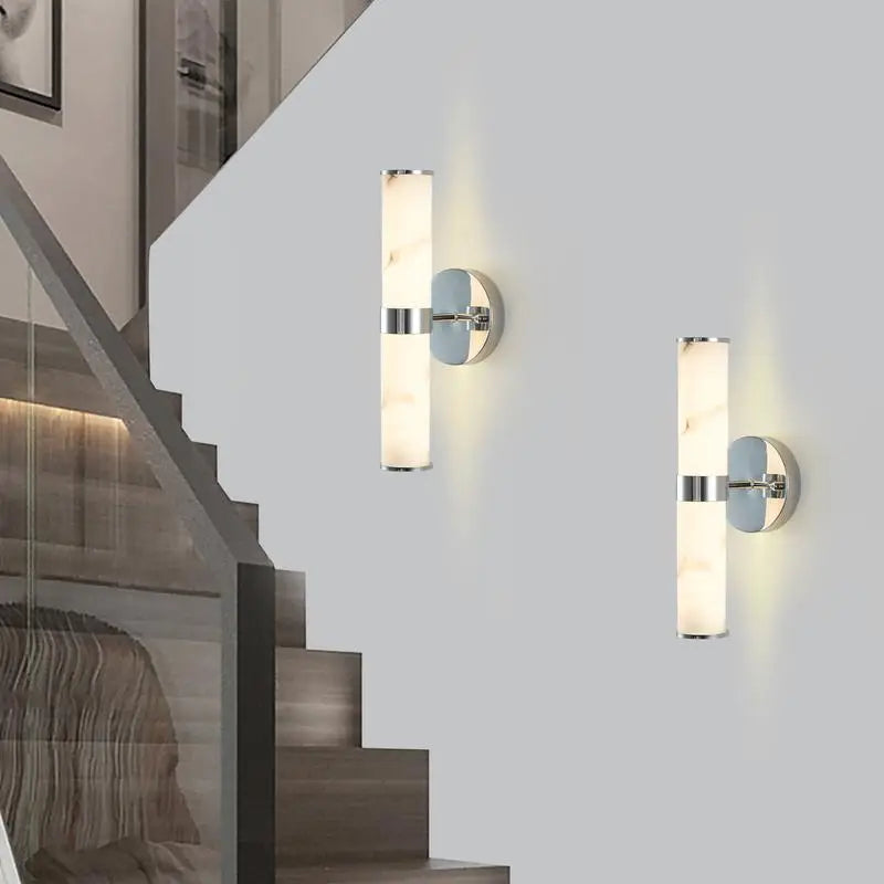 Set of 2 Resin Faux Marble Chrome Wall Sconces, Modern Vertical Light Fixtures for Indoor Use in Bathrooms, Hallways, and