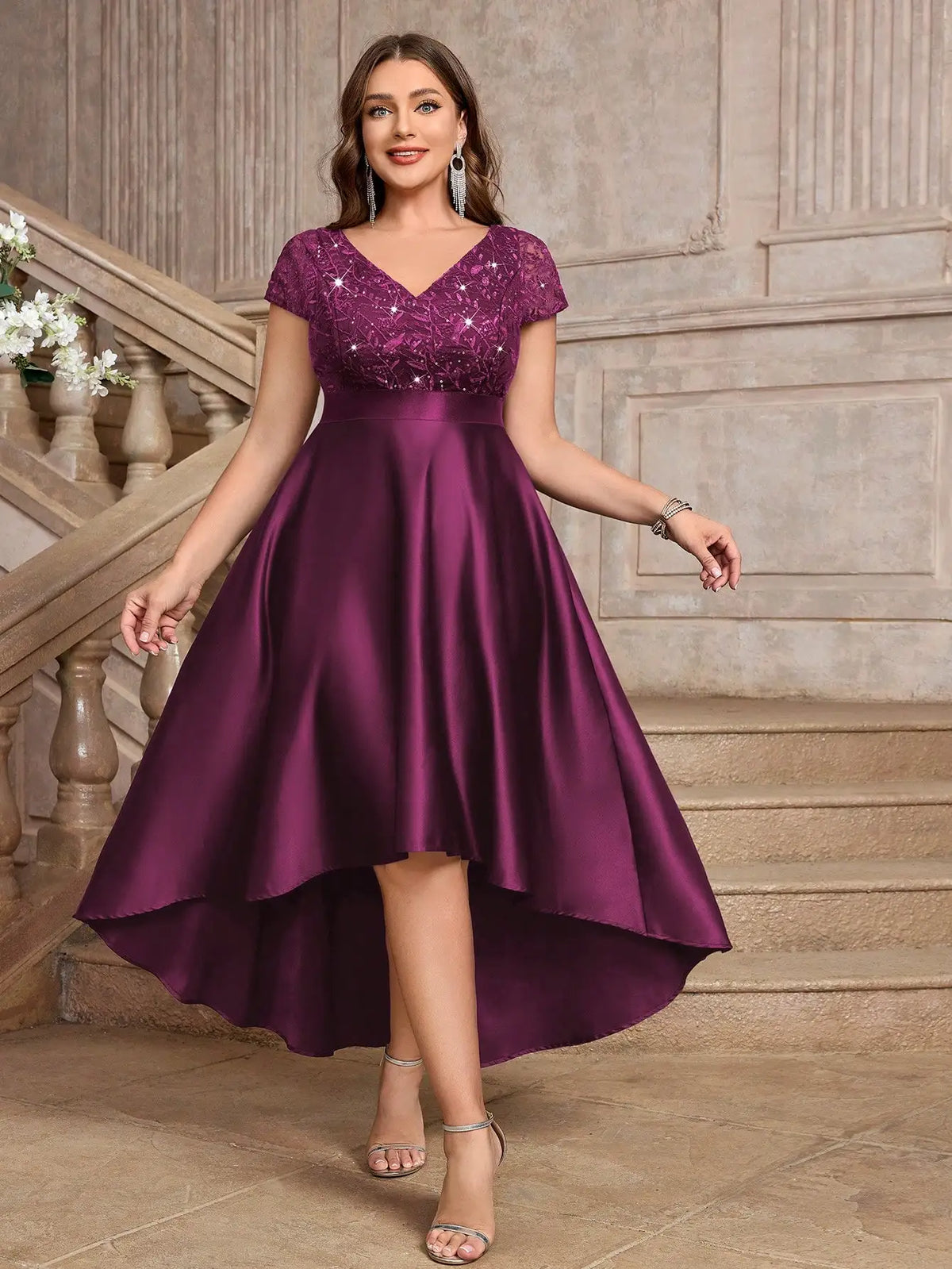 Plus Size V-Neck Sequin Embroidery Satin High-Low A-Line Formal Dress