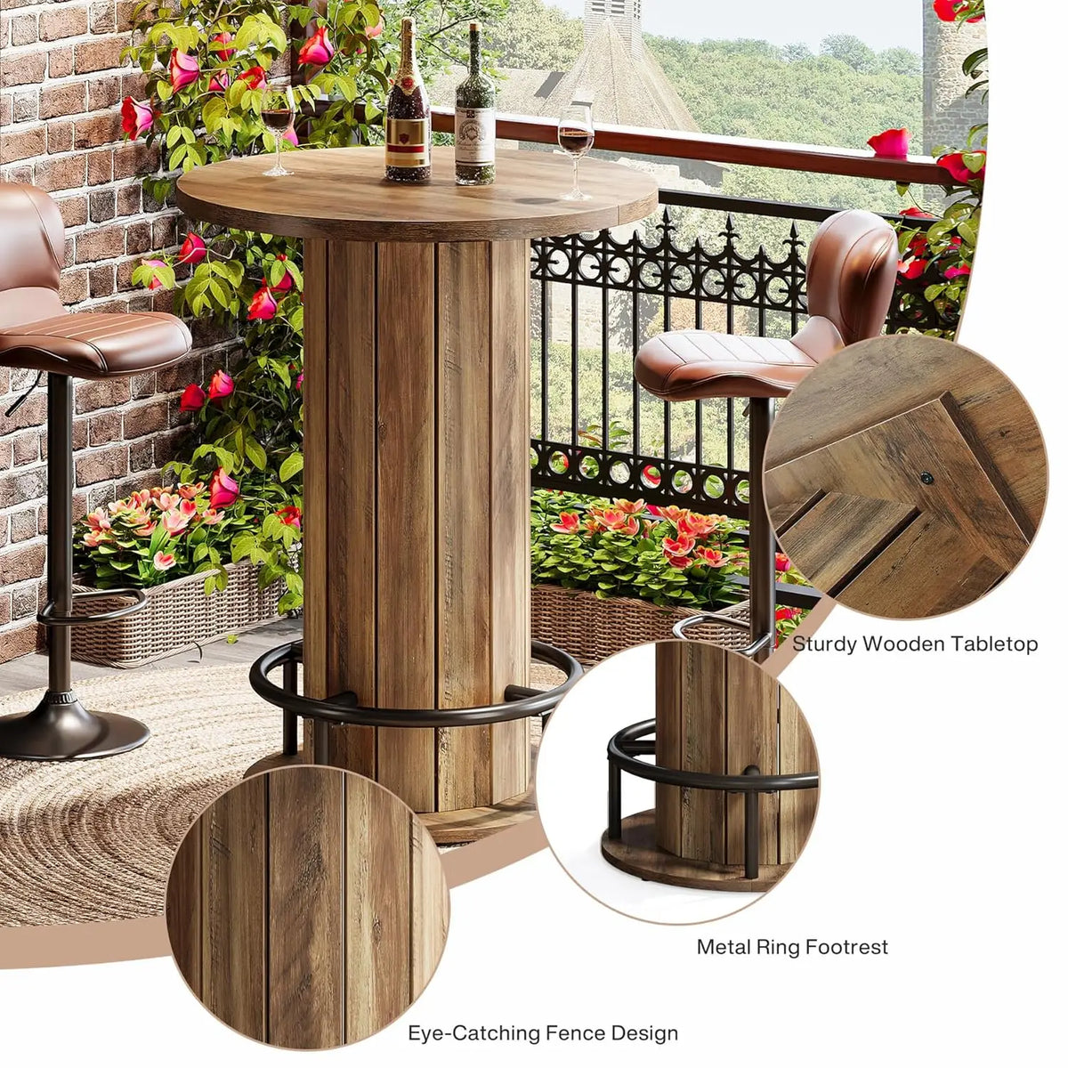 Round Bar Table, 39.4" H Wood Bistro Pub Table with Metal Ring Footrest for Dining Coffee Cocktail Living Room,, Customized