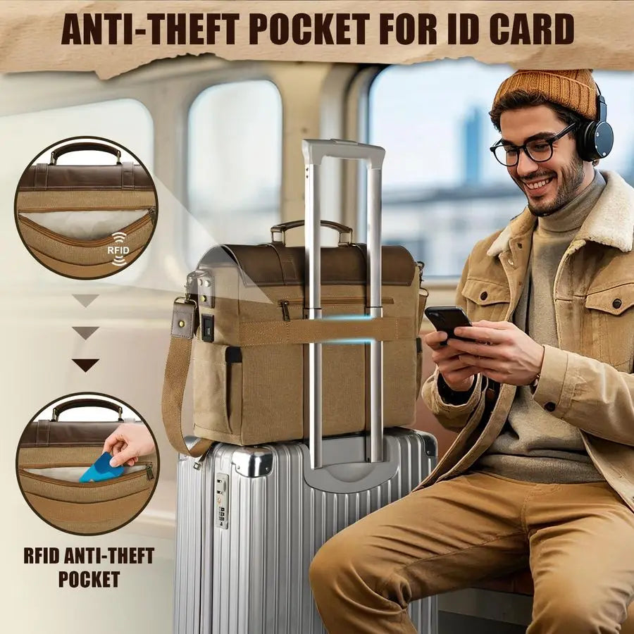 Vintage Messenger Bag with USB Charging Port amp RFID Blocking Pocket, 15.6 inch Laptop Bag Canvas PU Leather Men Briefcase, Wat