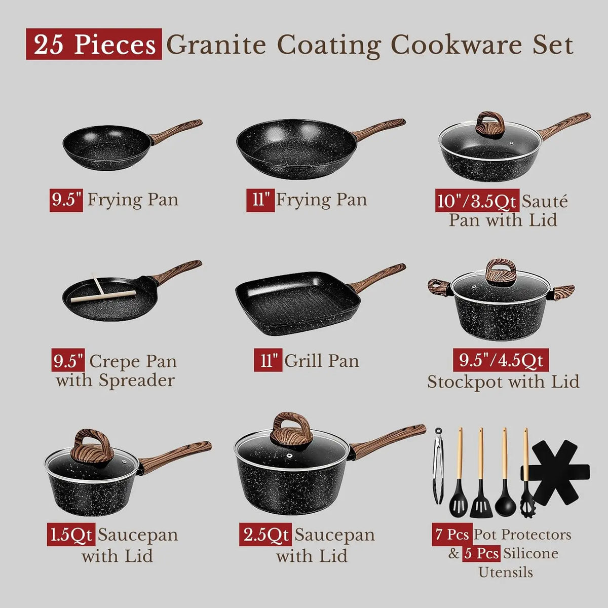 25-Piece Nonstick Ceramic Cookware Set, Healthy & Induction Compatible, PFAS-Free, Classic Black