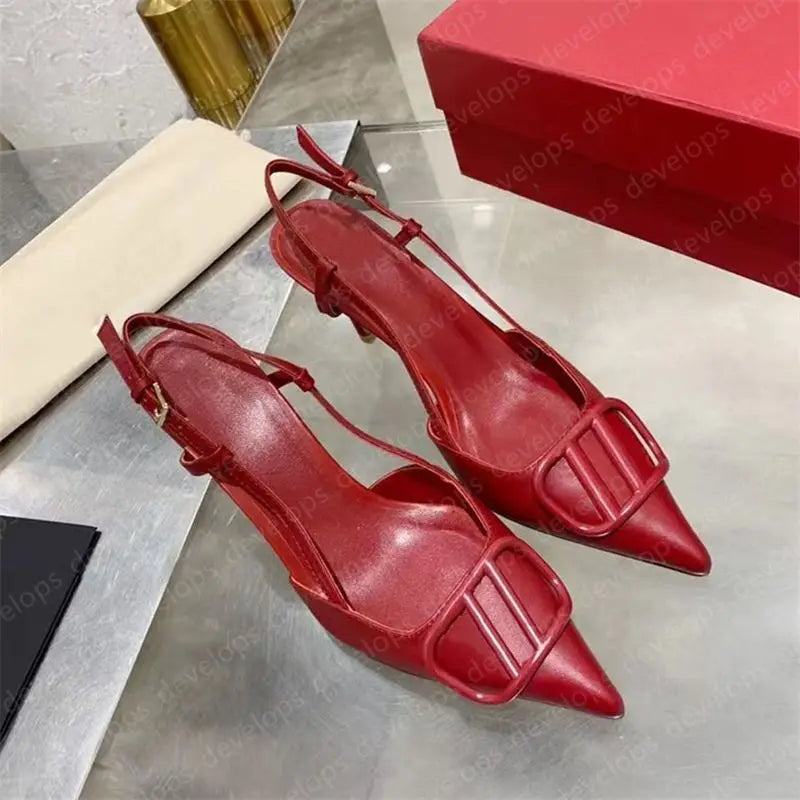 High heels designer sandals classics metal buckle pointed toe thin heel summer valentinolies luxurys brand genuine leather woman