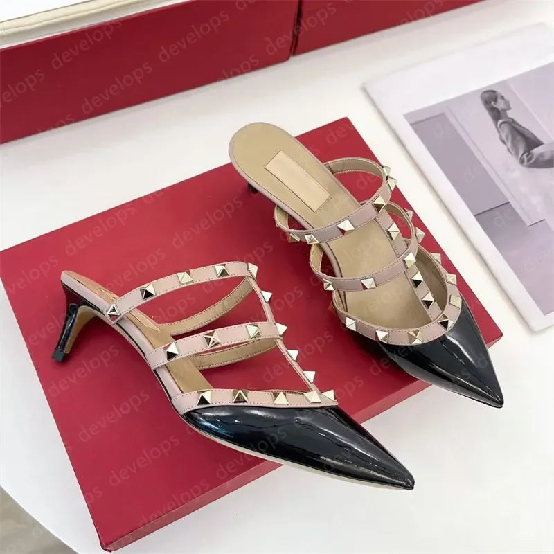 High heels designer sandals classics metal buckle pointed toe thin heel summer valentinolies luxurys brand genuine leather woman