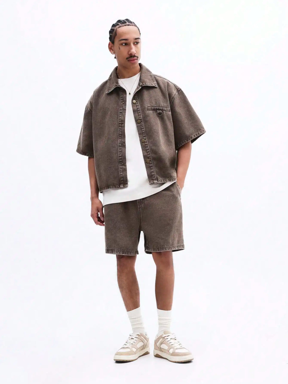 Oversized Denim Shorts Set Short Sleeve Button Up Vintage Washed Brown Taupe Relaxed Fit Summer Casual