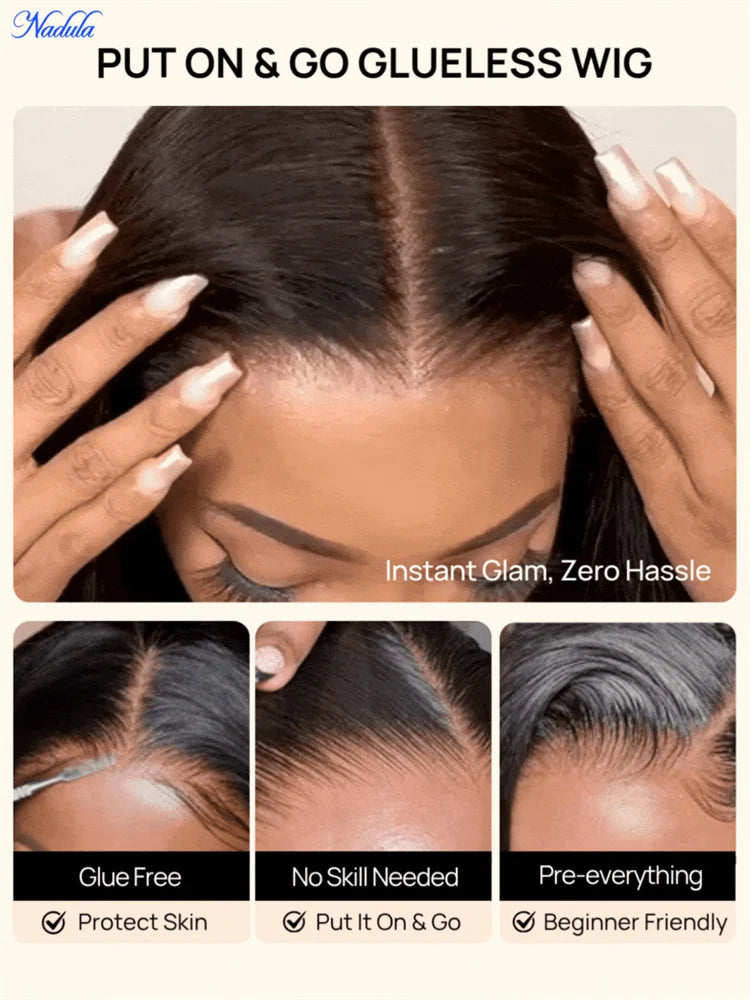 Nadula No Slip Yaki Straight Glueless Wig 100% Human Hair 7x5 Bye Bye Knots Put On and Go Glueless Human Hair Wig Ready to Wear