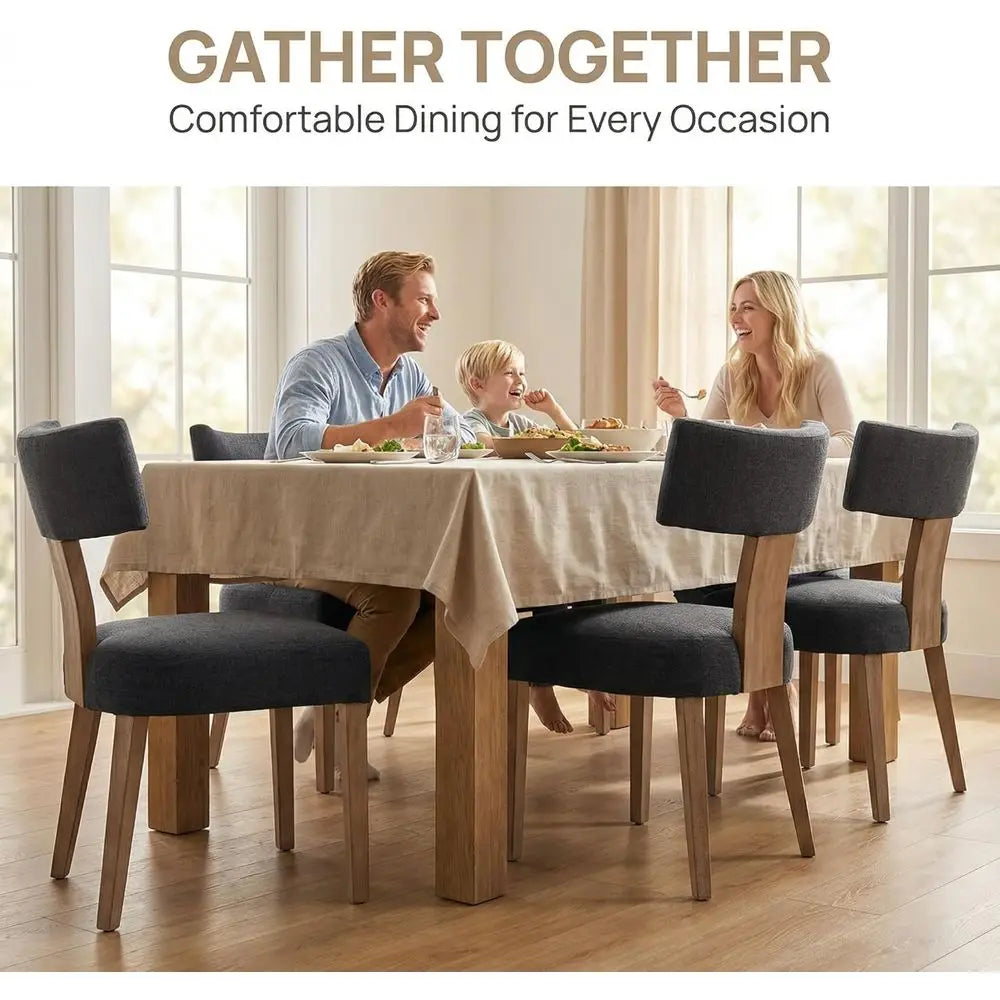 Linen Upholstered Dining Chairs Set of 6, Curved Backrest Kitchen Chairs with Hardwood Legs, Charcoal