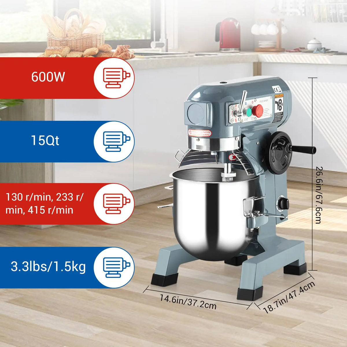 15Qt Commercial Electric Dough Mixer, 600W Heavy-Duty Stainless Steel Stand Mixer with Timer, 3 Speeds & Attachments