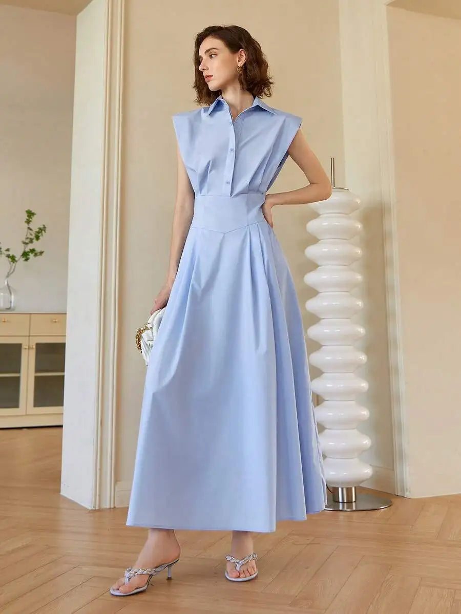 Women's Light Blue Sleeveless Collared Midi Dress, A-Line Fit, Elegant Business Casual Style