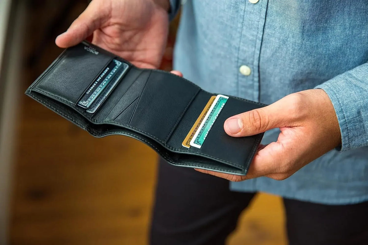 Men's Tri Fold Wallet With RFID Blocking, Nappa Vitello Leather, ID Window, 5 Card Slots