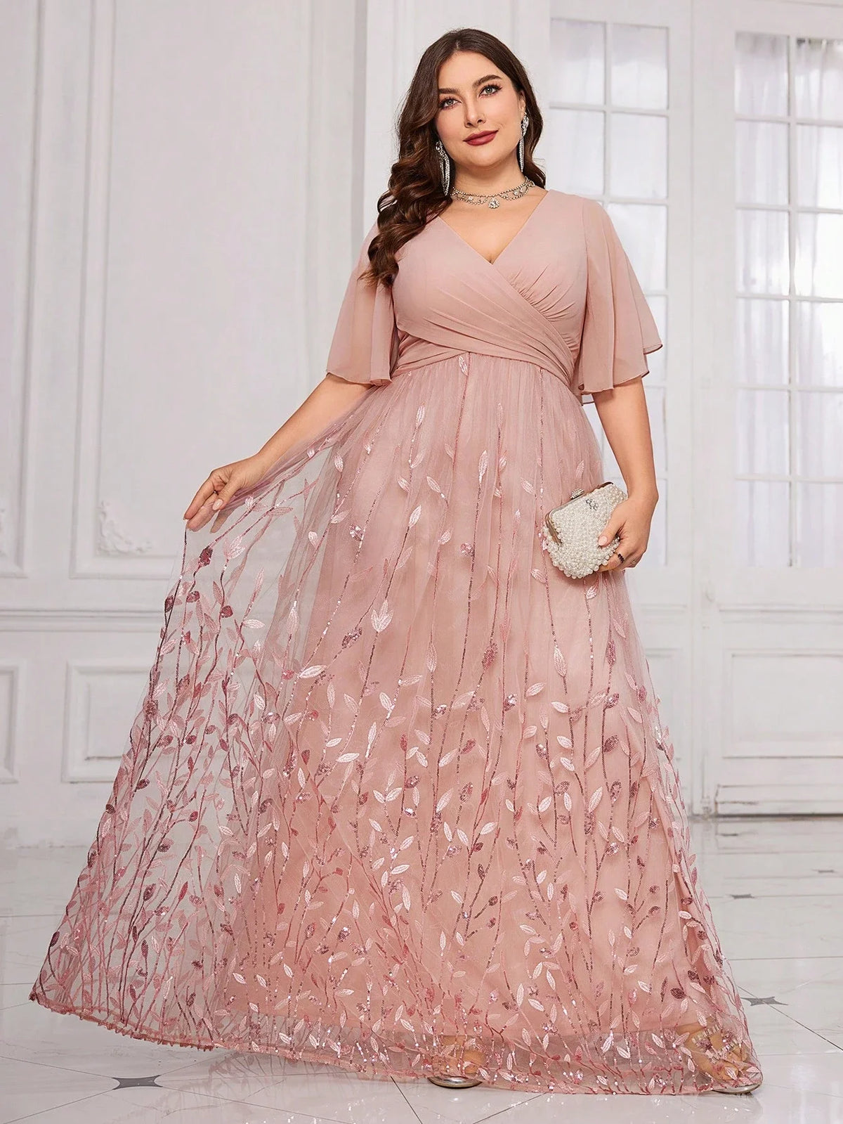 Plus Size V-Neck Flounce Sleeve Leaf Embroidered Mesh Evening Gown For Wedding Guest Prom