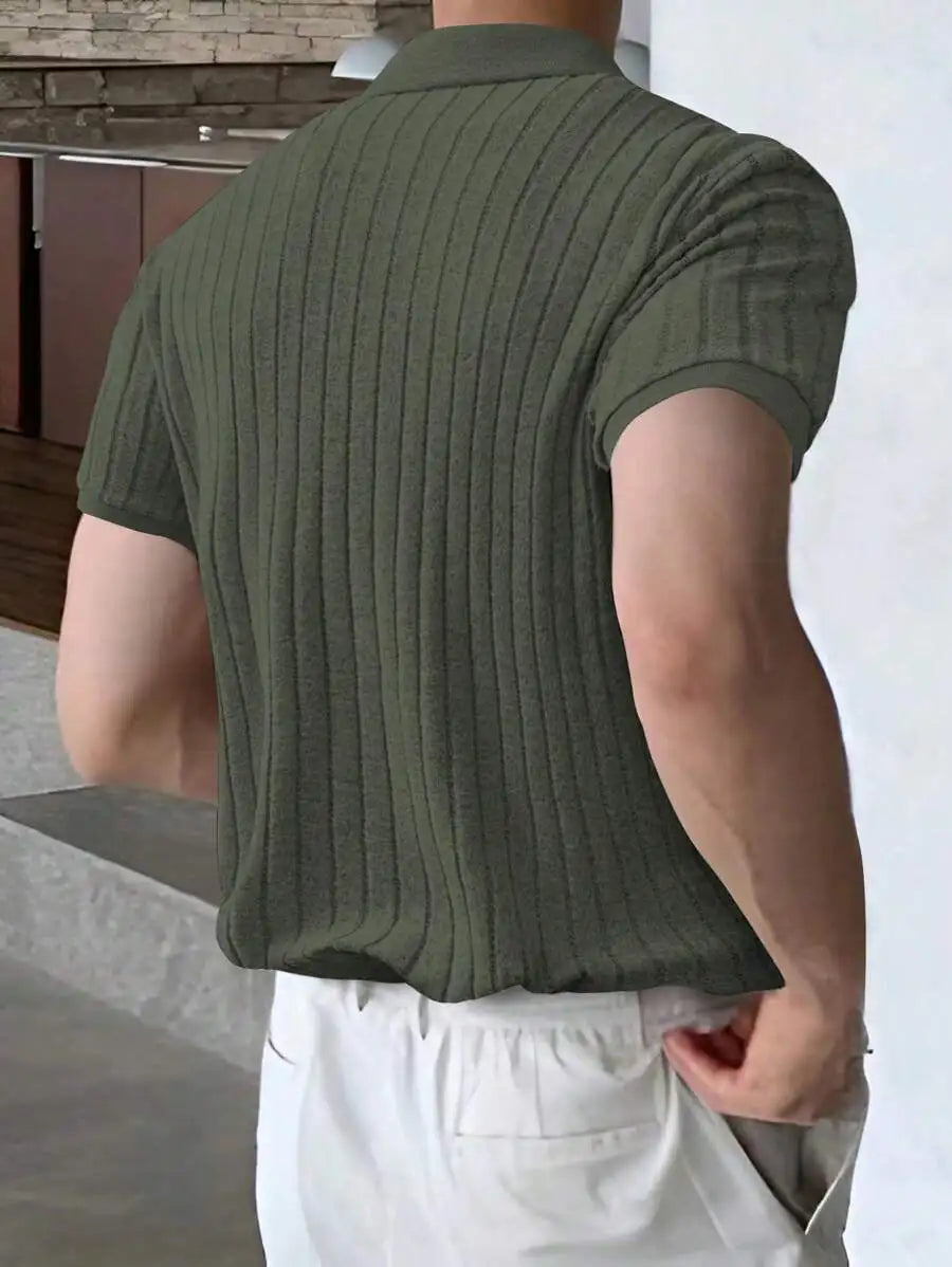 Men's Olive Green Ribbed Knit Polo Shirt, Short Sleeve, Casual Style