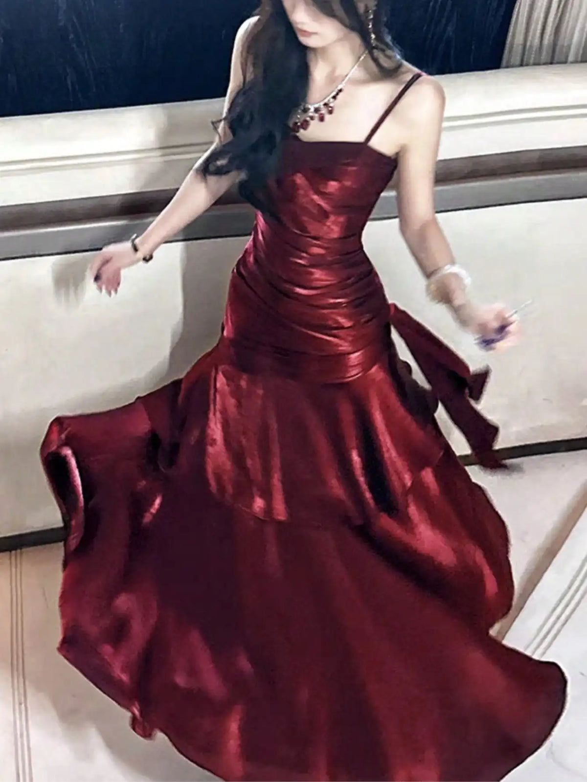 Burgundy Satin Mermaid Dress with Ruched Bodice and Spaghetti Straps for Formal Events