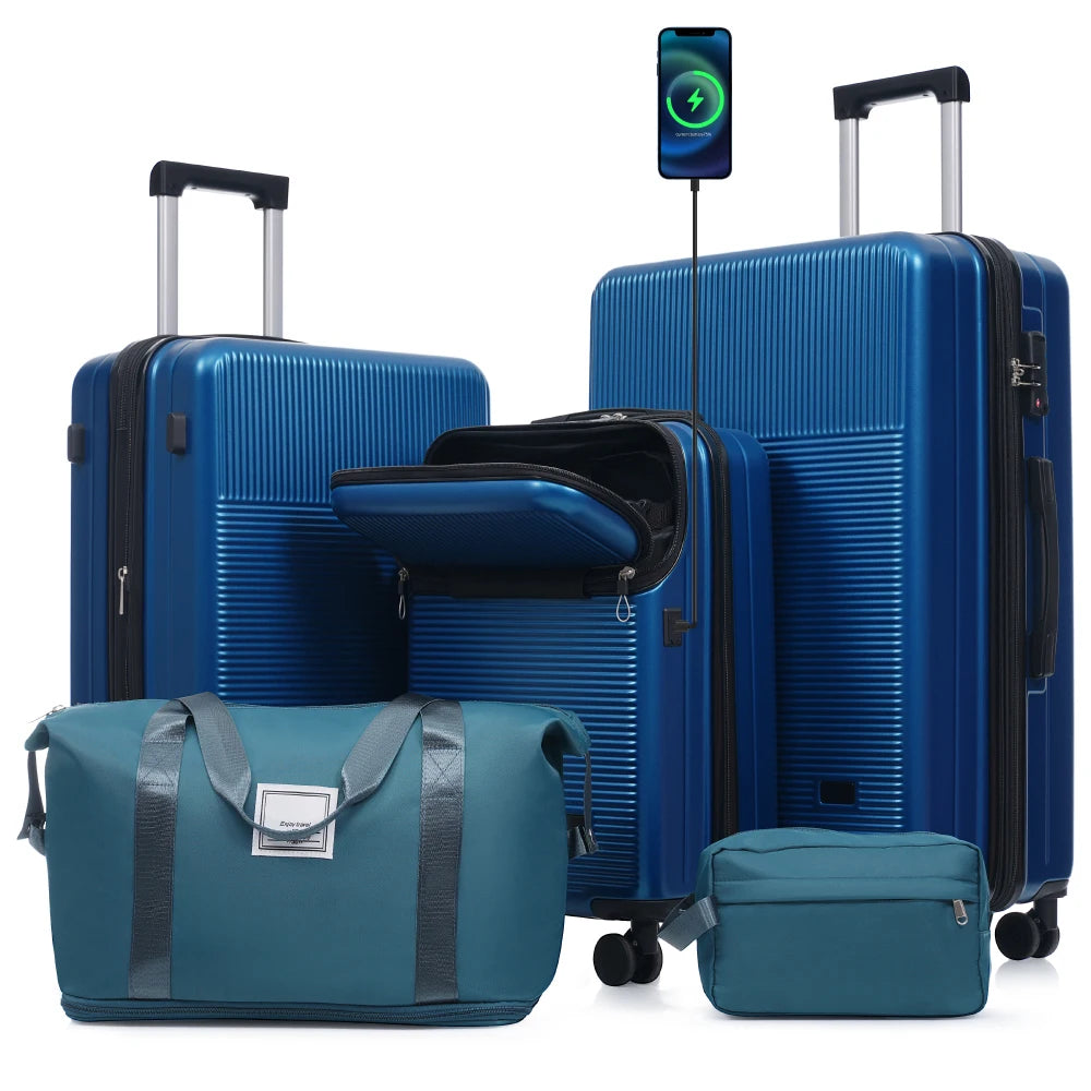 Lightweight 5PCS Hardside Luggage Set Half Opening Carry-on Suitcase Double Spinner Wheels USB TSA Lock Travel