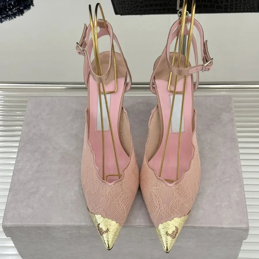 Fashion Lace mesh High heeled Slingbacks Sandals pumps ankle strap High heels Dress Shoes womens Luxury designer Wedding Evening