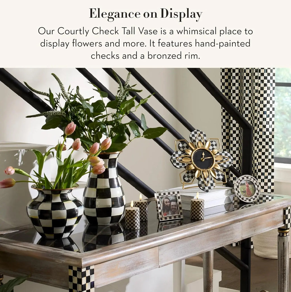 MACKENZIE-CHILDS Tall Enamel Vase, Unique Flower Vase, Decorative Table Decor for Living Room, Black-and-White Courtly Check