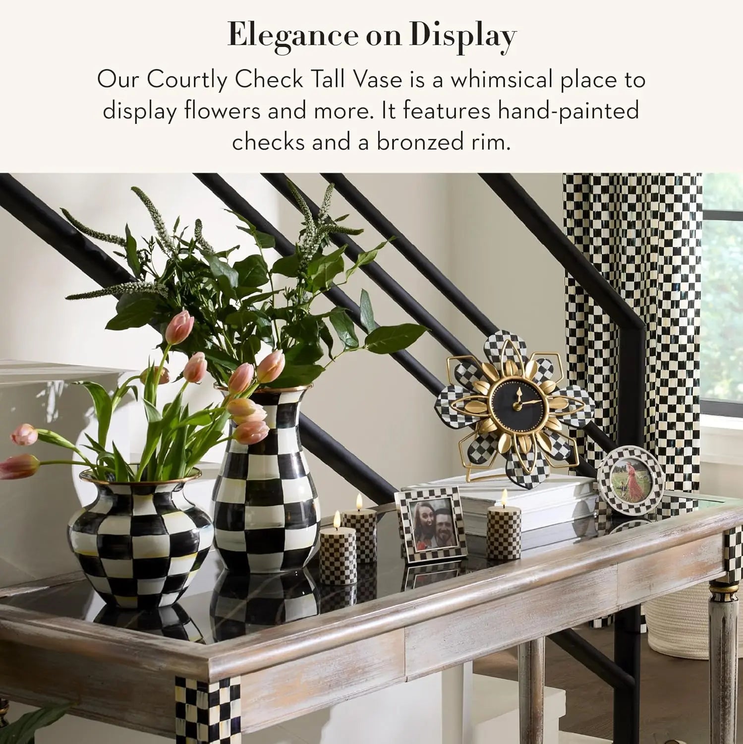 MACKENZIE-CHILDS Tall Enamel Vase, Unique Flower Vase, Decorative Table Decor for Living Room, Black-and-White Courtly Check