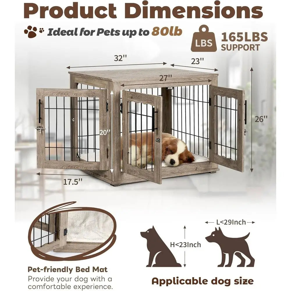 Wooden Medium Dog Crate with Bed, 3-Door Side Table Kennel, Greige