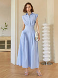 Women's Light Blue Sleeveless Collared Midi Dress, A-Line Fit, Elegant Business Casual Style