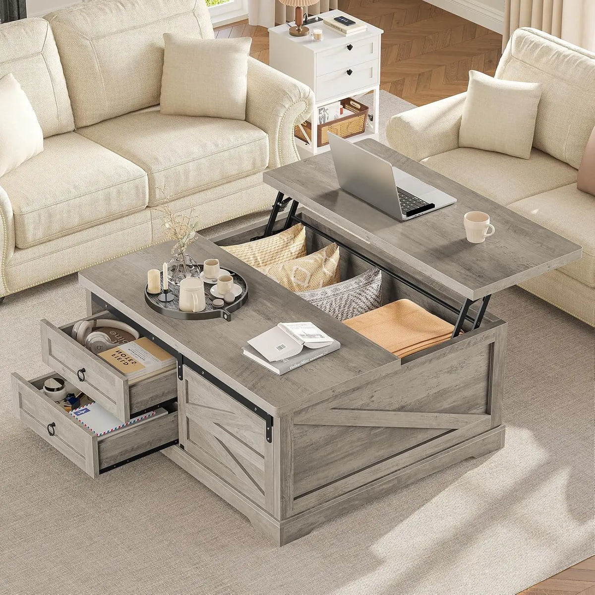 39.4in Lift Top Coffee Table Storage Hidden Compartment 2 Drawers Adjustable Shelf Living Room Gray Customized
