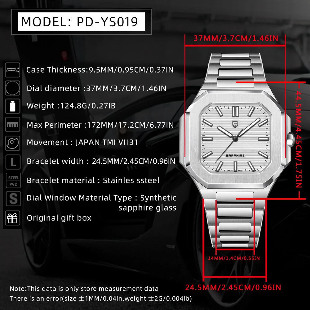 PAGANI DESIGN Top Brand Square Simple and stylish Sapphire crystal Luxury Quartz Watch Men Stainless steel Watches for Men Gift