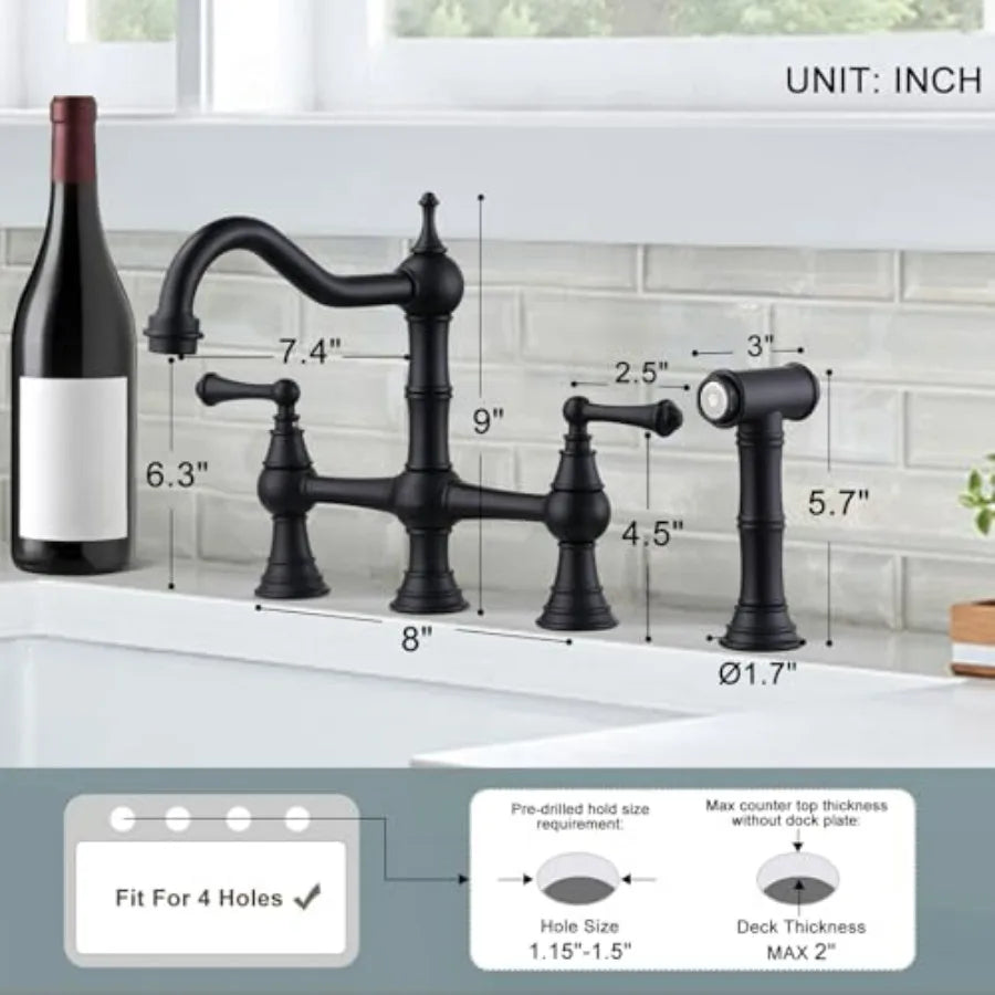 Black Kitchen Faucet with Side Sprayer 4 Hole Brass Kitchen Faucets for Sink 2 Handle 8 Inch Centerset Bridge Faucet Vintage Fa