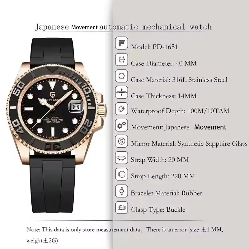 PAGANI DESIGN Luxury Men Mechanical Watches Japan movement 40MM AR Coated Sapphire Glass Waterproof Automatic Watches for men