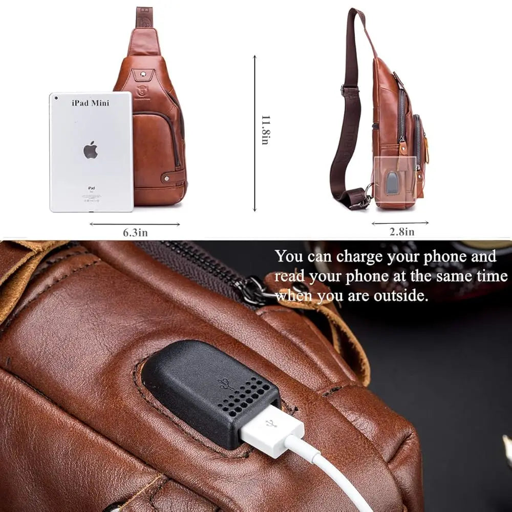 Genuine Leather Sling Bag with USB Charging Port Multi-pocket Chest Bag for Men Hiking Travel Daypack XB-129