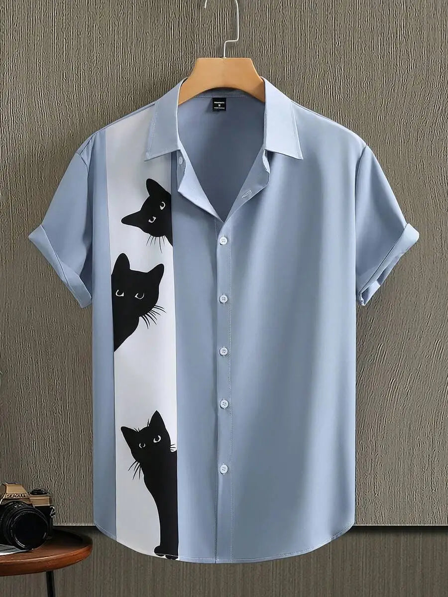 Men's Black Short Sleeve Button-Up Shirt with Cat Graphic Print