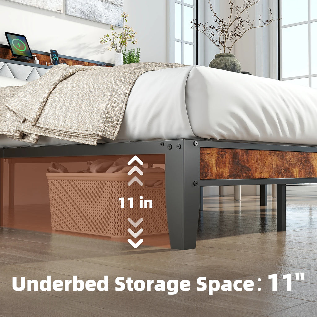 King Bed Frame with Headboard, Storage Headboard with USB Charging Station, Durable Squeak-Free Frame