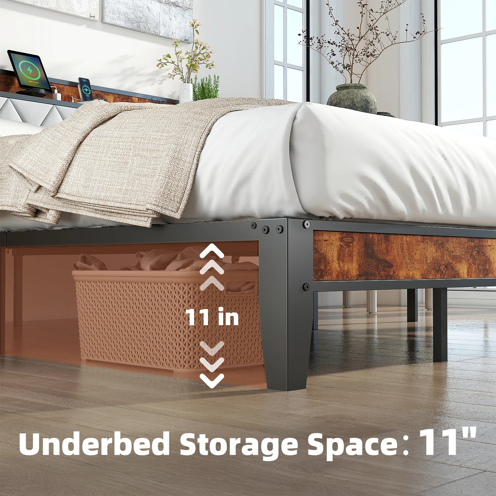 King Bed Frame with Headboard, Storage Headboard with USB Charging Station, Durable Squeak-Free Frame