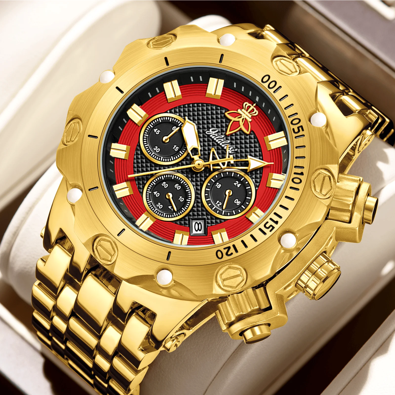 YaLaLuSi Men's Multifunctional Luxury Watch Gold Strap with Atmospheric Dial Fashionable and Practical Gift box