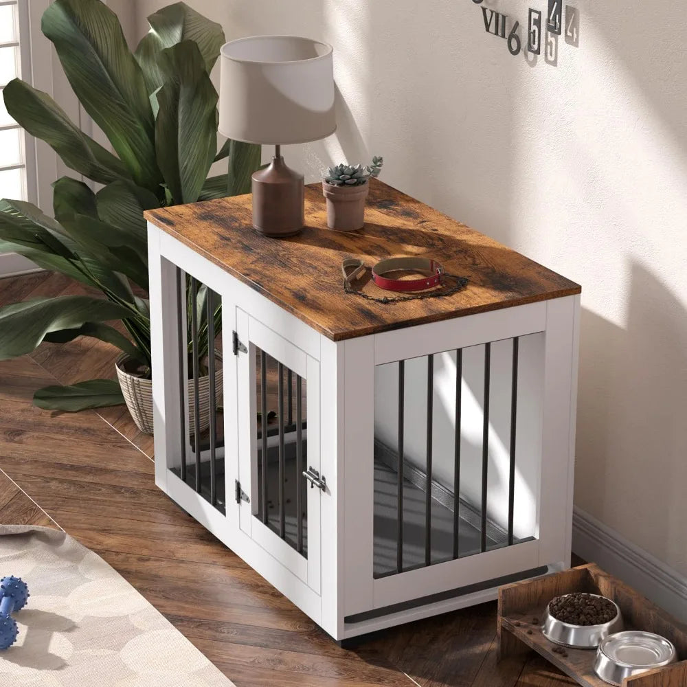 Medium Dog Crate with Farmhouse Table Top and Steel Bars for Puppies up to 40 lbs - Decorative Kennel Furniture for Home