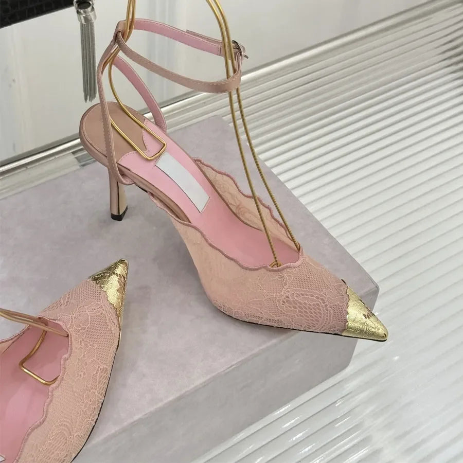 Fashion Lace mesh High heeled Slingbacks Sandals pumps ankle strap High heels Dress Shoes womens Luxury designer Wedding Evening