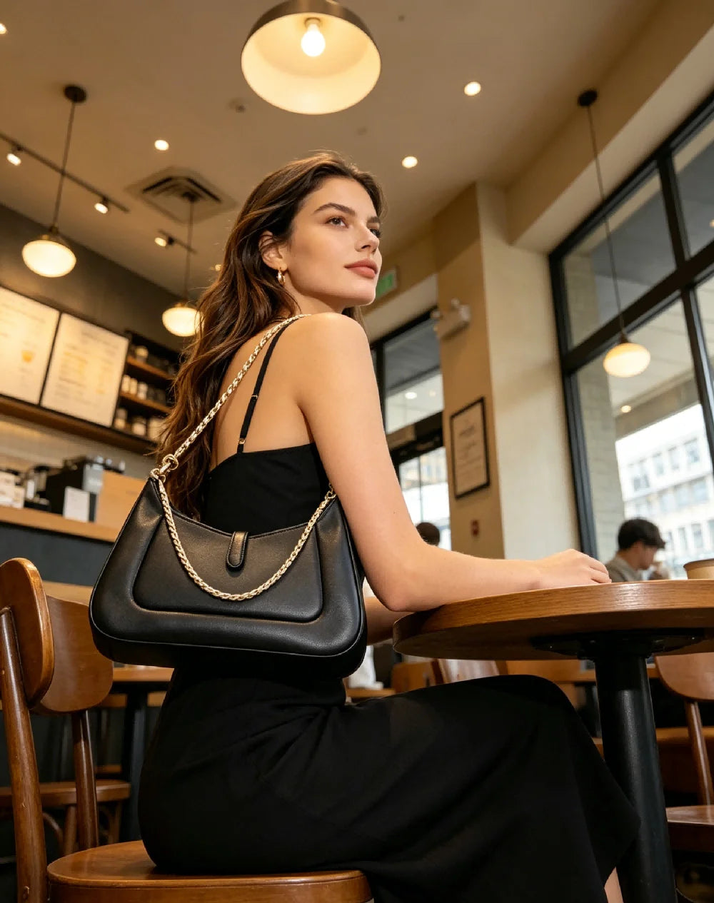 Minimalist Black Hobo Underarm Bag for Women Smooth Leather Purse with Gold Chain Strap for Night Out and Office Days