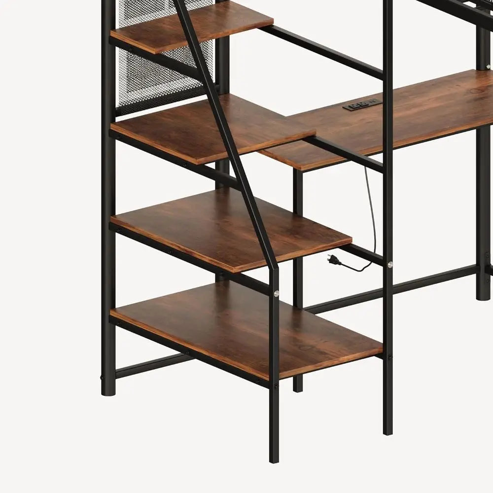 Full Size Metal Loft Bed with Stairs, Desk, and Charging Station for Small Rooms, Dorms, and Apartments, Black