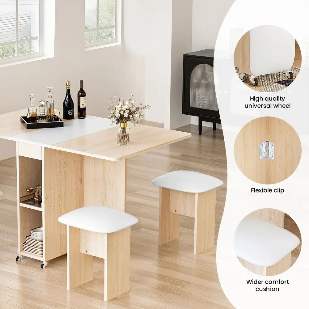 Foldable Dining Table Set for 4,Folding Dining Table with 4 Leather Chairs amp Storage,Drop Leaf Dinner Table with 6 Wheels,Fold