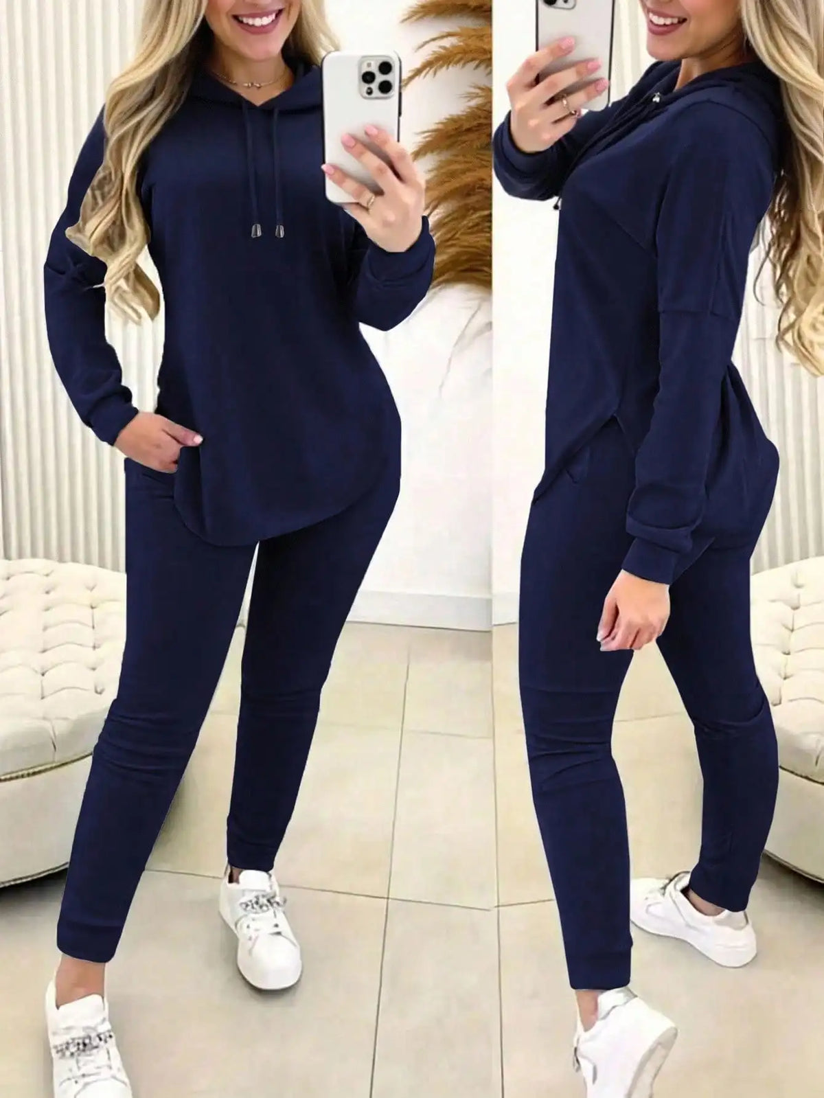 Women's Gray 2-Piece Hooded Sweatshirt Set with Drawstring, Loose Fit, Casual Lounge Wear