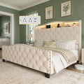Queen Size Bed Frame and Headboard, 50.9" Velvet Upholstered Wingback Bedframe with LED Lights & Storage/Charging Station