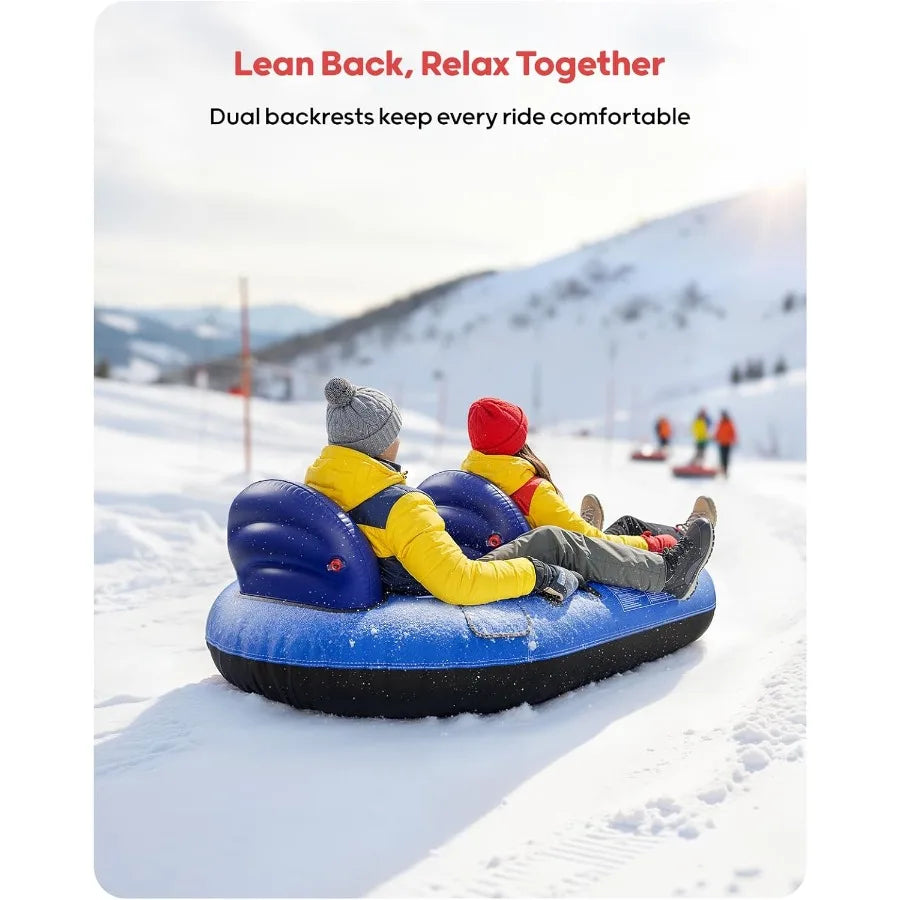 2-Person Inflatable Snow Tube with Dual Backrests & Tow Rope, Heavy Duty Canvas-Covered Blow Up Snow Sled with Handles, Fast Inf