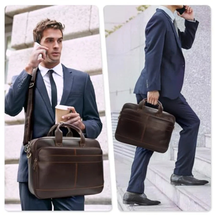 Full Grain Leather Briefcase for Men Business Messenger Bag Laptop Case Fits 15.6 Inch Laptop Brown Premium Quality with Multip