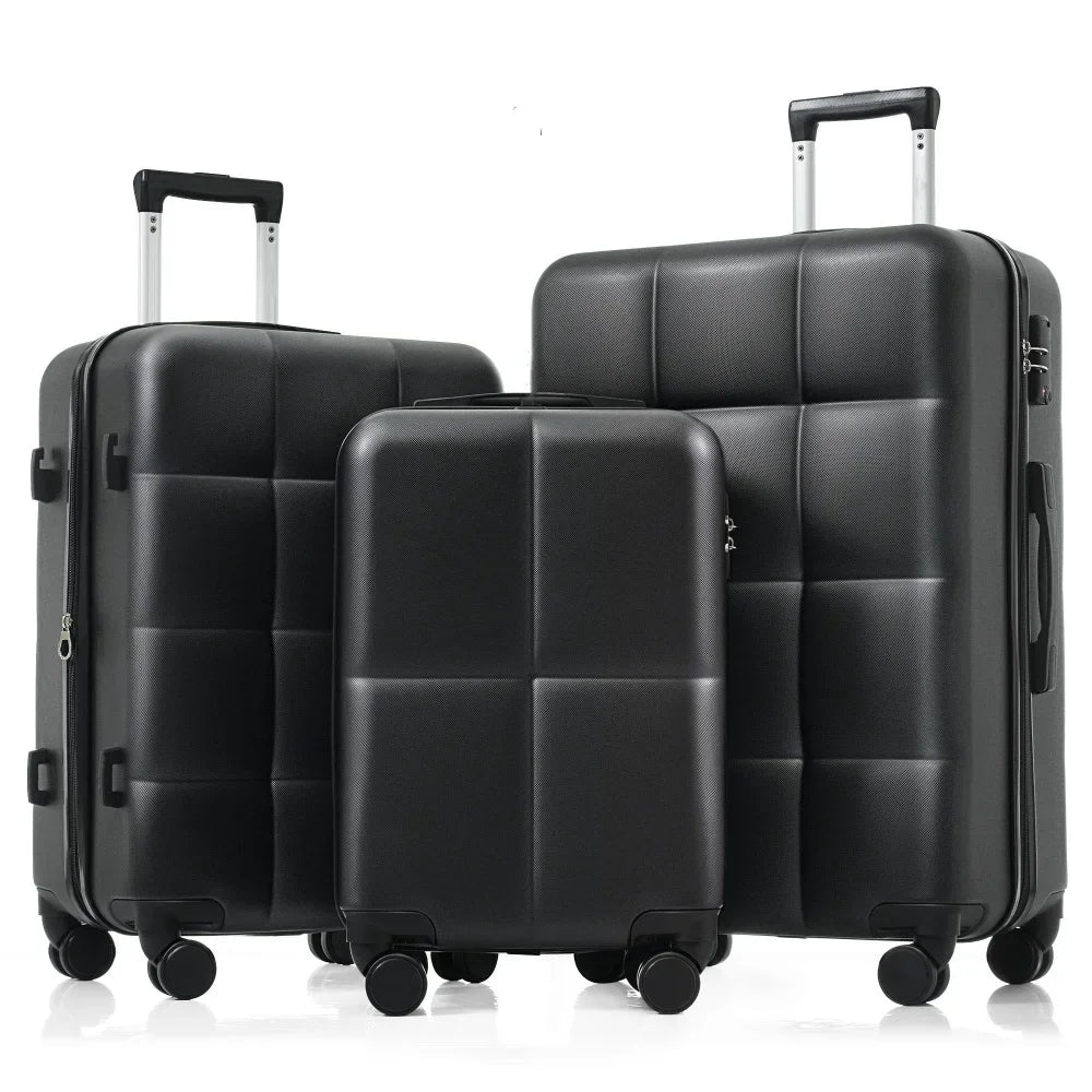 3 Piece Airline Certified Carry-on Luggage Set Cup Holder ABS Hard Shell Spinner Wheels Black Travel Suitcase