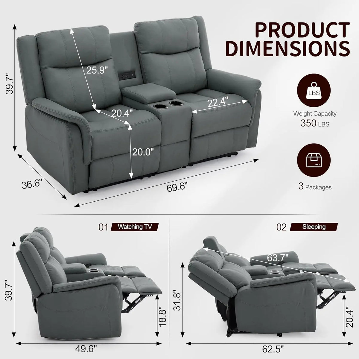 Reclining Loveseat With Console USB Port Outlets Cup Holders 2-Seater Living Room, Customized