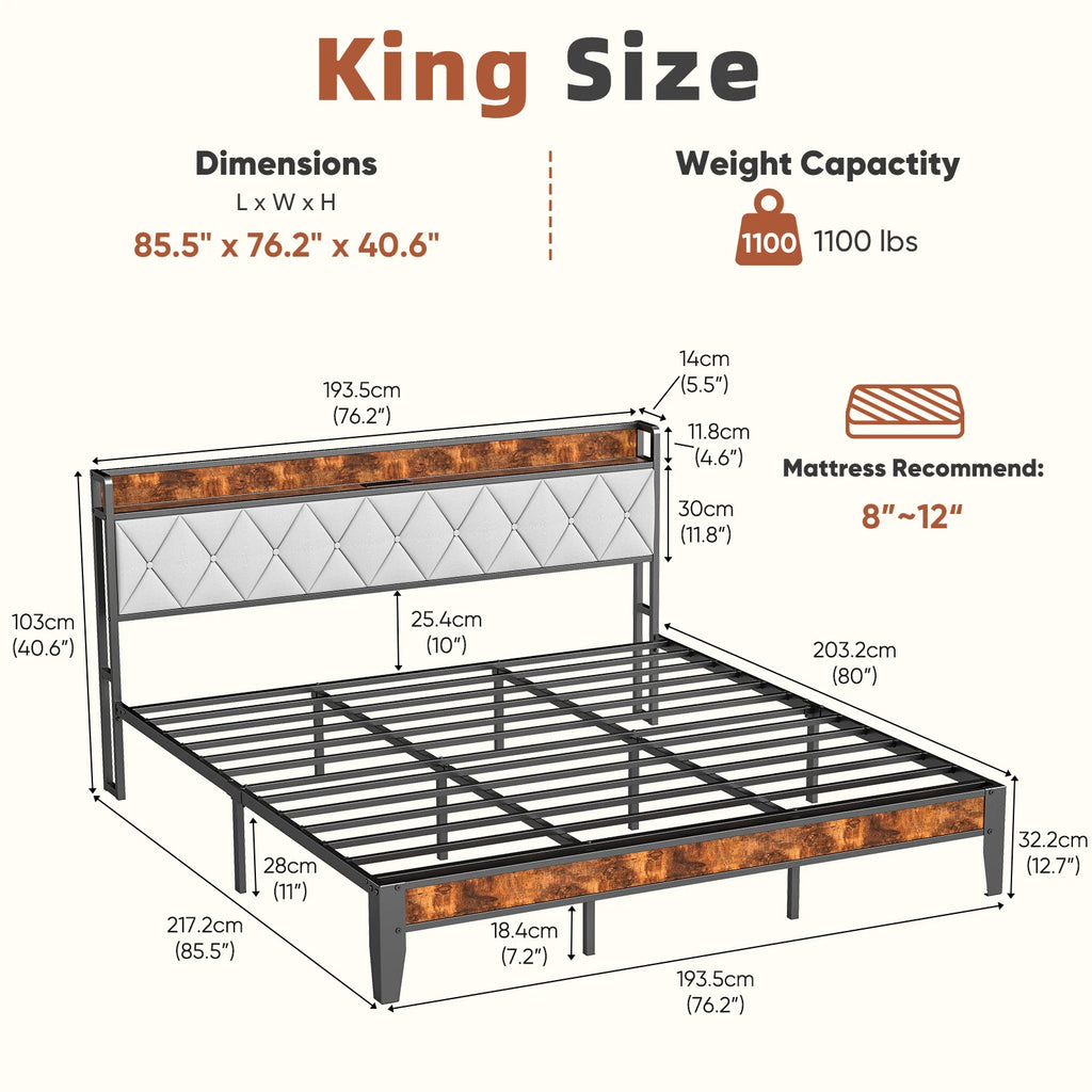 King Bed Frame with Headboard, Storage Headboard with USB Charging Station, Durable Squeak-Free Frame