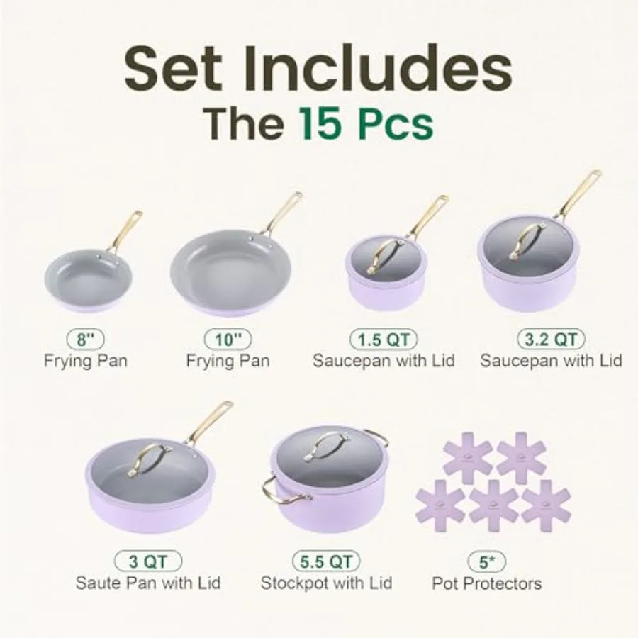Ceramic Cookware Sets 15Pcs Pots and Pans Set Non Stick Cookware Set with Stainless Steel Handle Dishwasher Oven Safe Light Pur